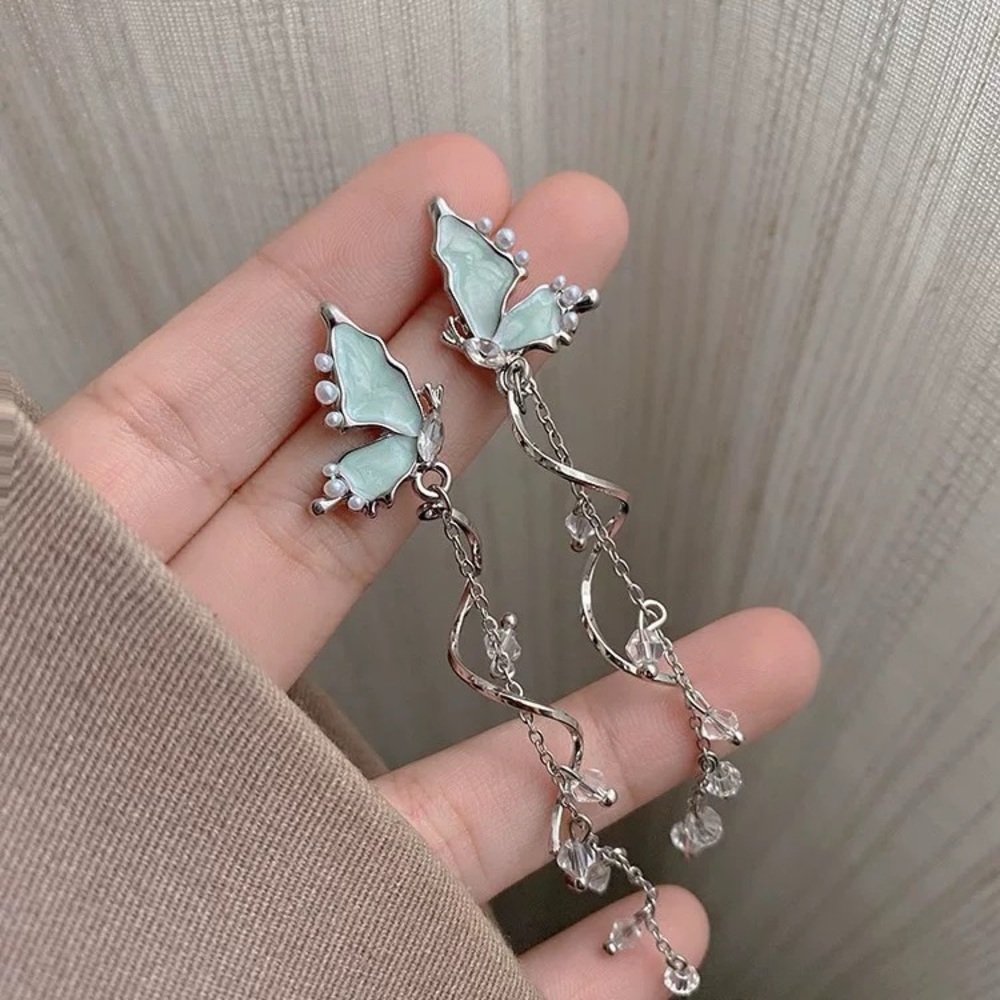 4/$15 Blue Enamel Butterfly Crystals Dangling Earrings